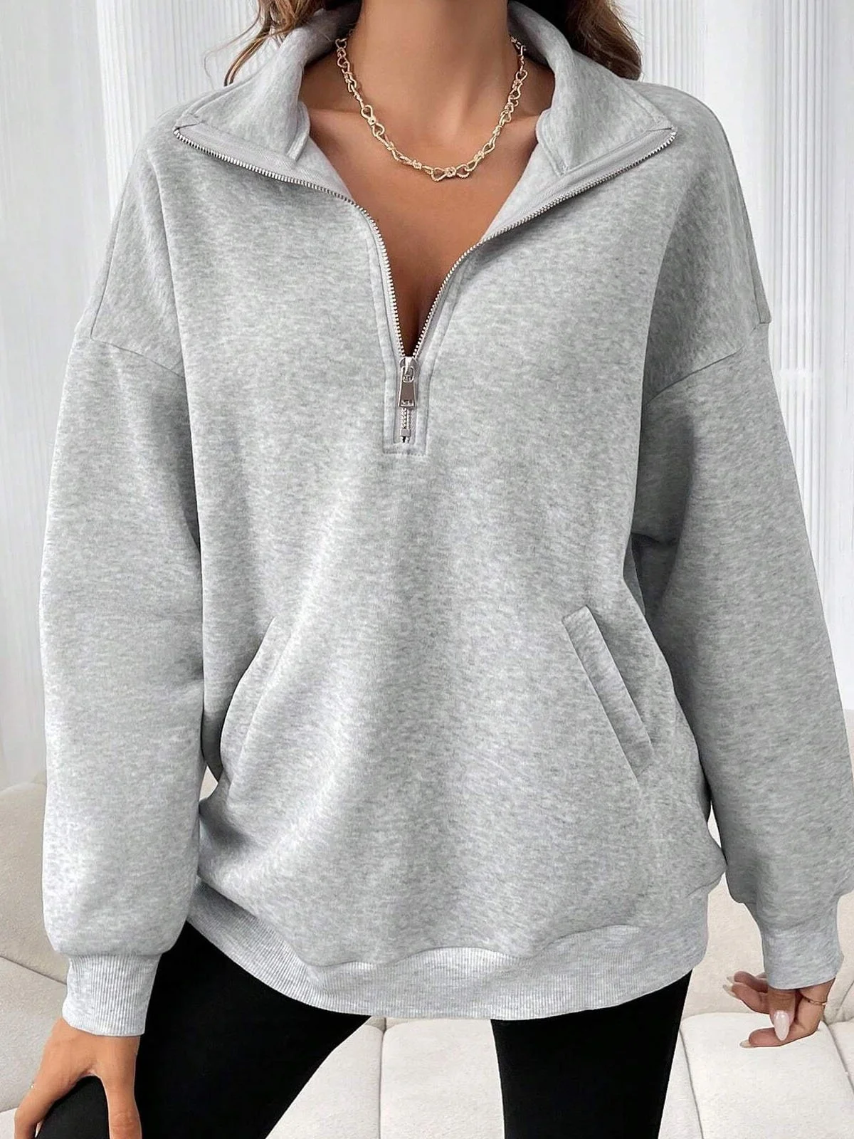 Plain Shawl Collar Casual Sweatshirt