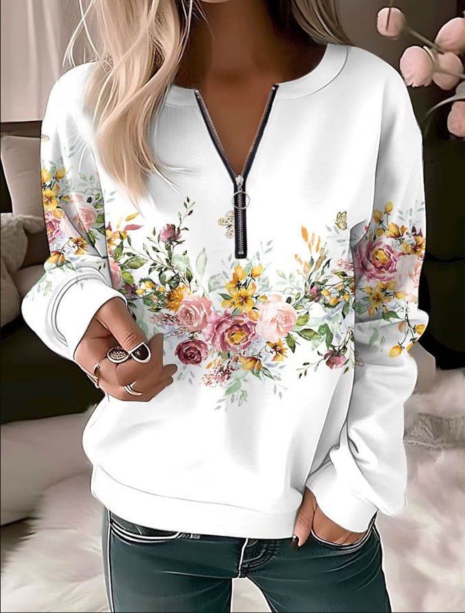 Casual Zipper Floral Sweatshirt