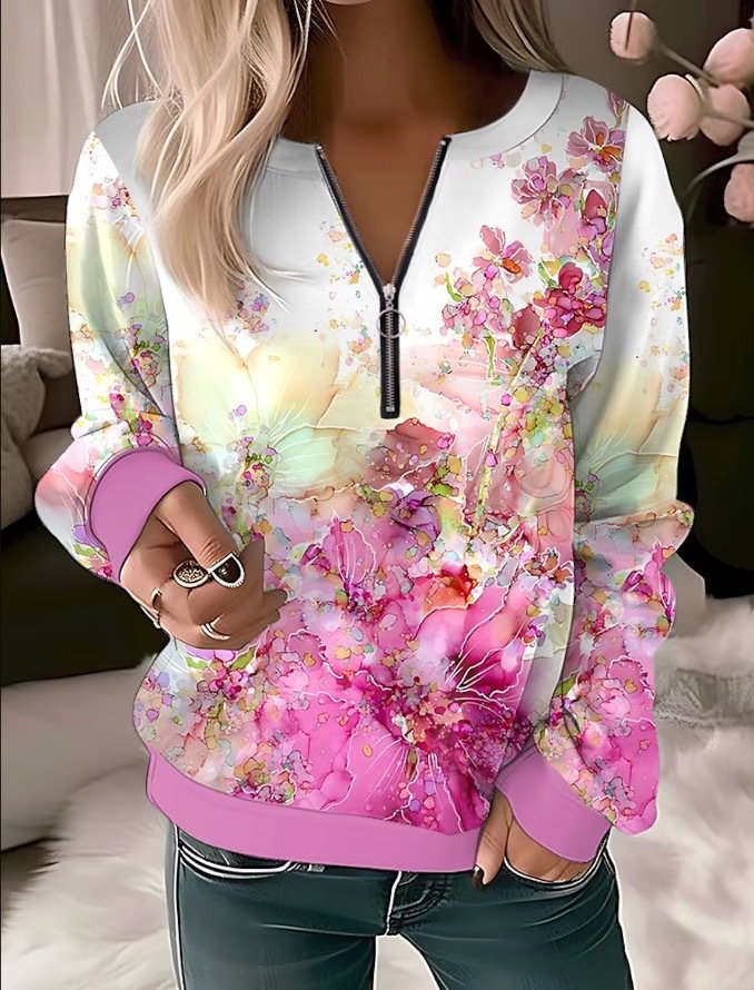 Casual Zipper Floral Sweatshirt