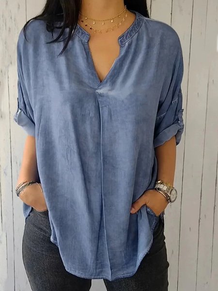 Loose Casual Plain V Neck Blouse