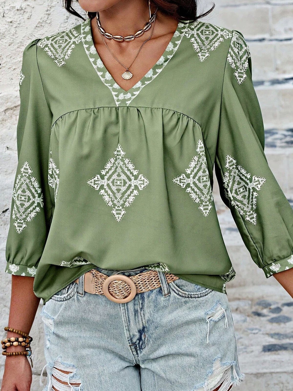 Ethnic Casual V Neck Loose Blouse