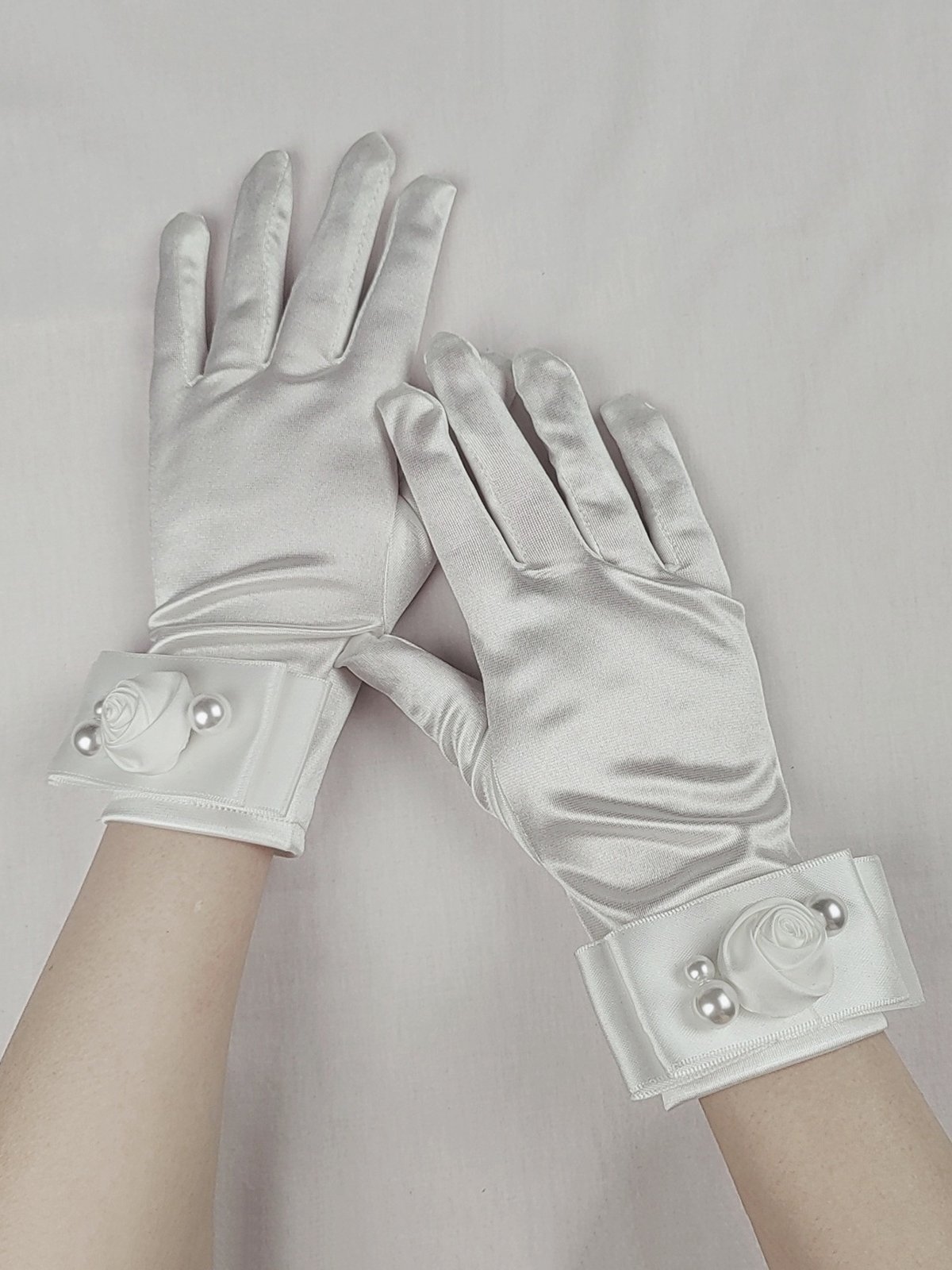 Elegant Imitation Pearl Rose Satin Gloves