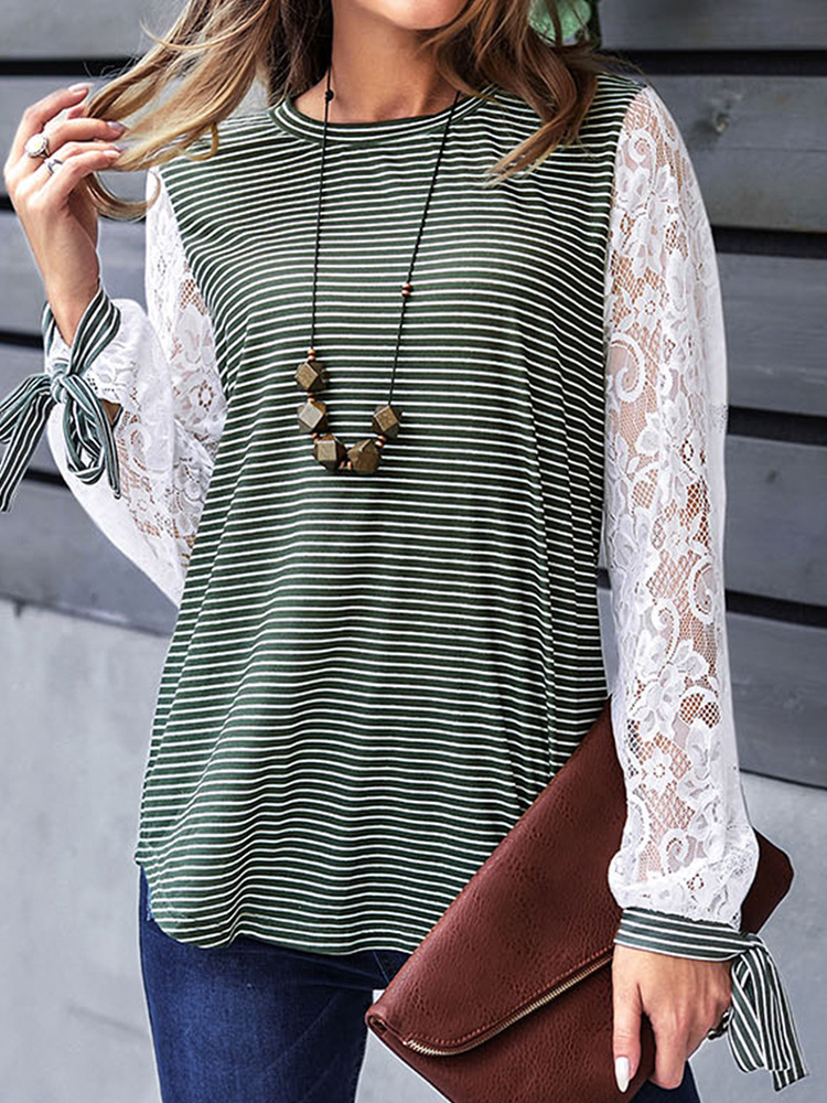 Casual Lace Striped Blouse With No