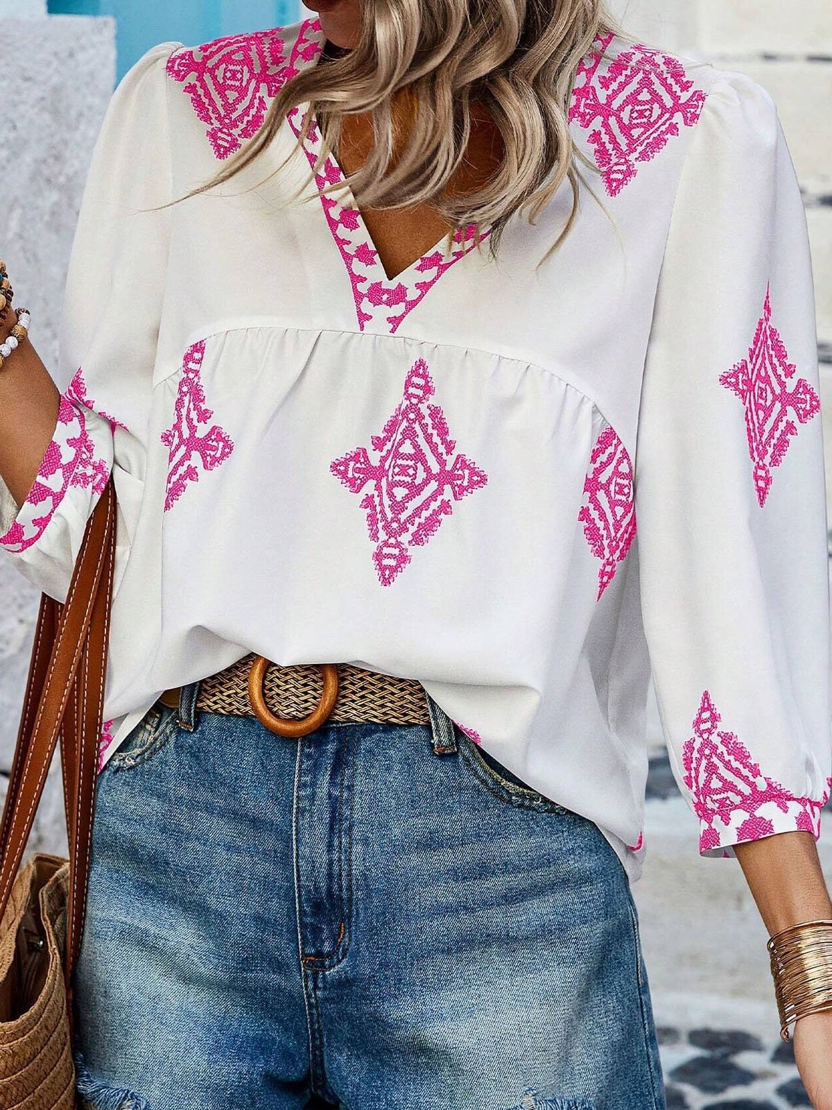 Ethnic Casual V Neck Loose Blouse