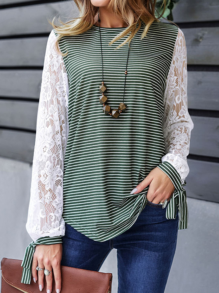 Casual Lace Striped Blouse With No