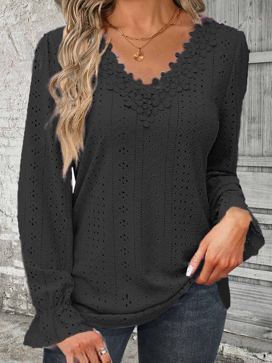 V Neck Lace Casual Blouse With No