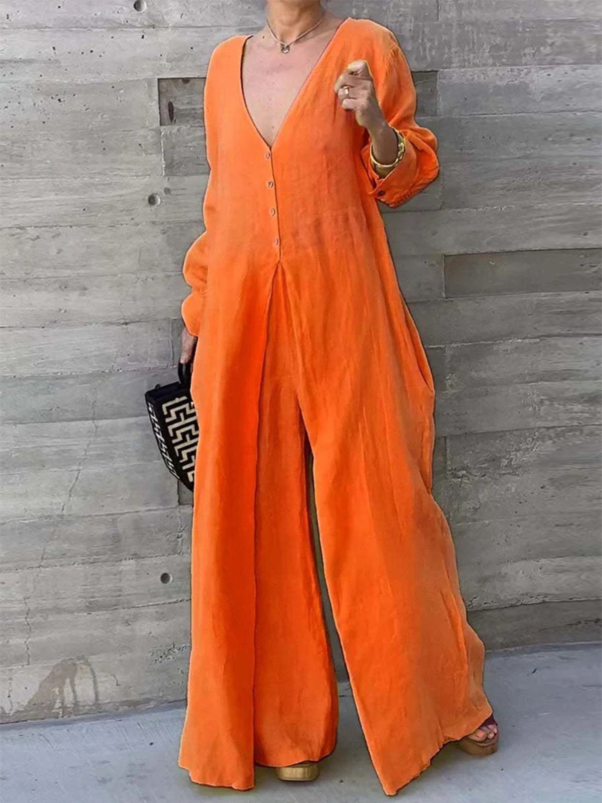 Cotton Regular Fit Casual V Neck Jumpsuit