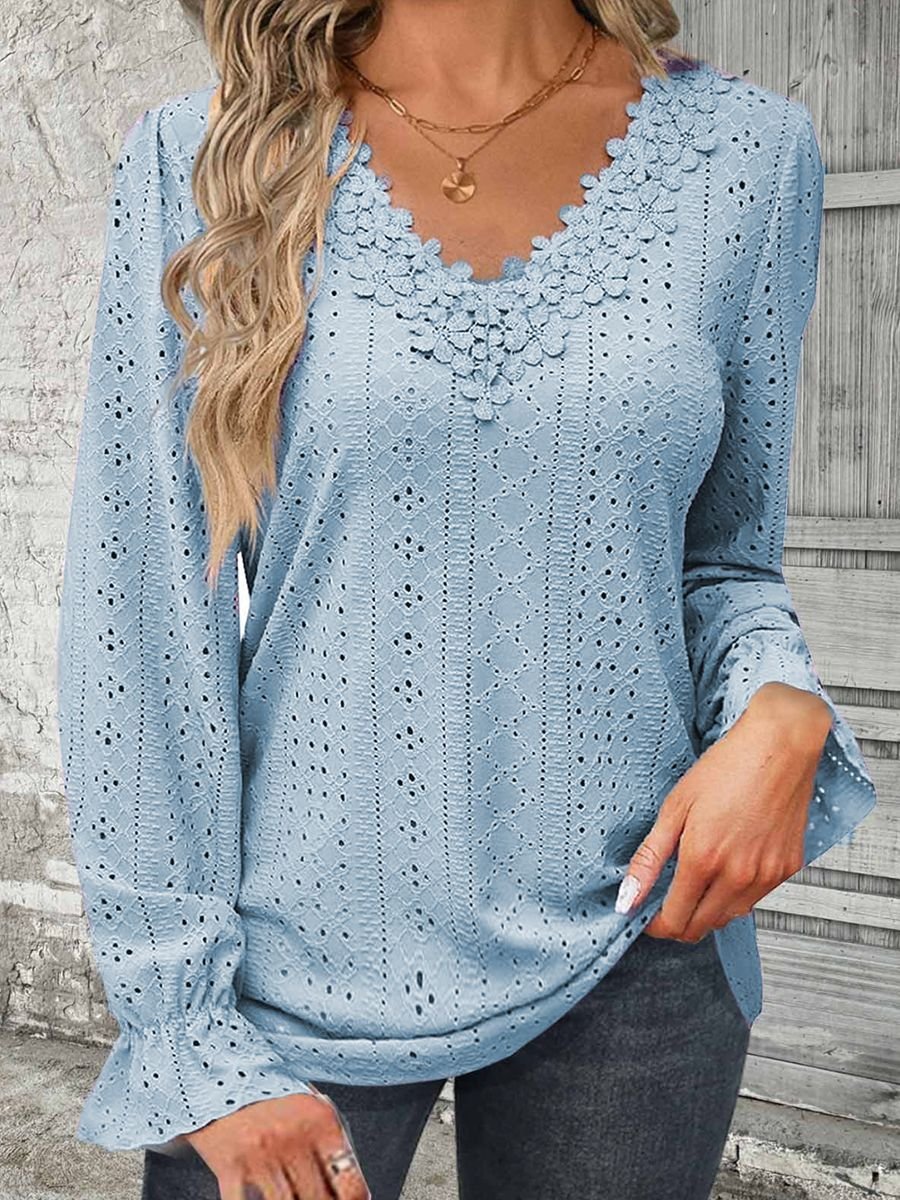 V Neck Lace Casual Blouse With No