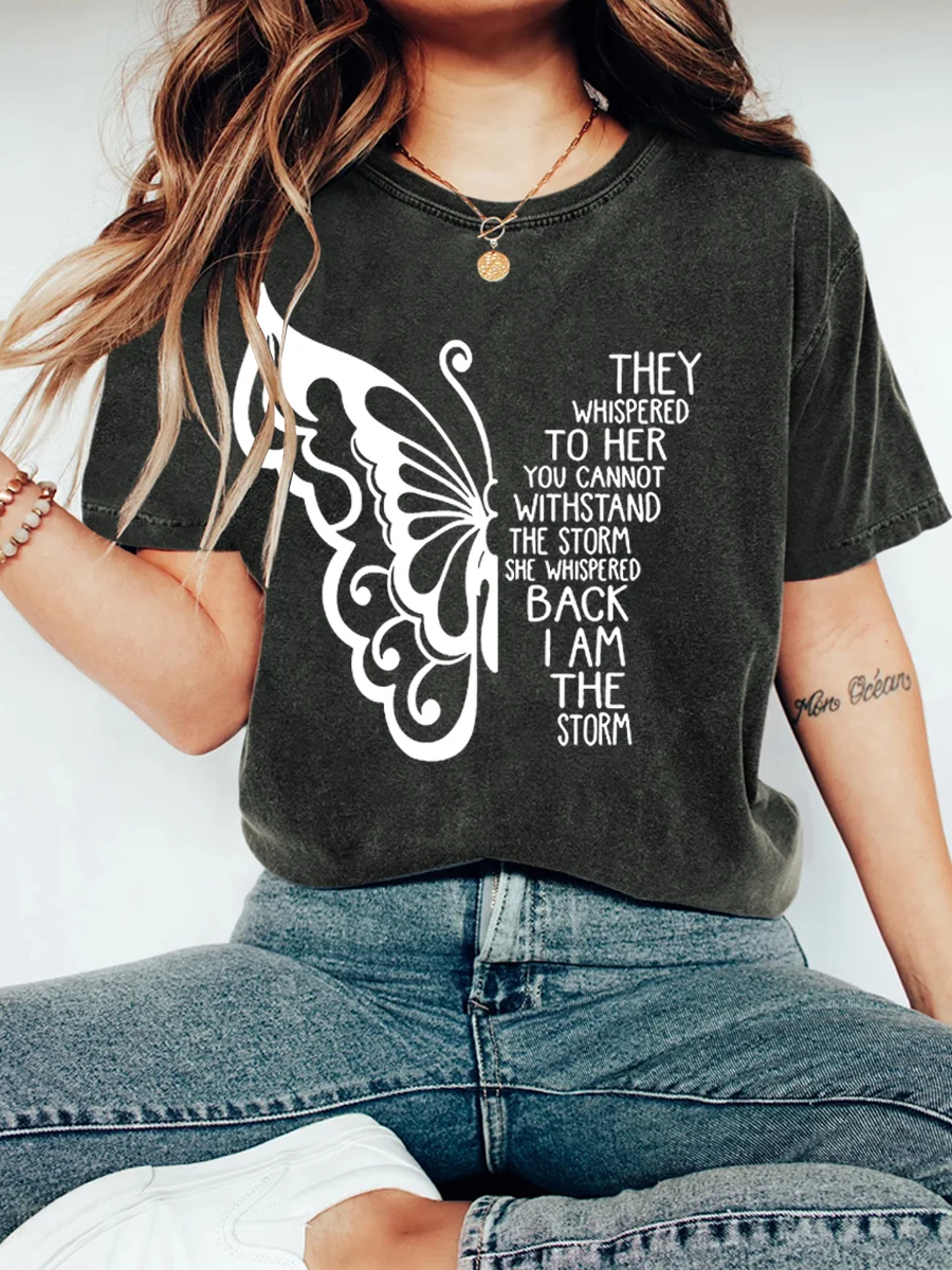 Women's Butterfly Letters Vintage Distressed Shirt