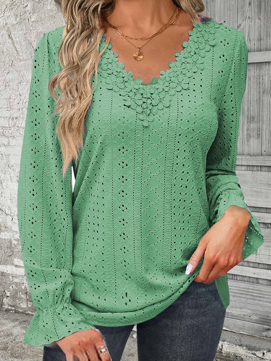 V Neck Lace Casual Blouse With No