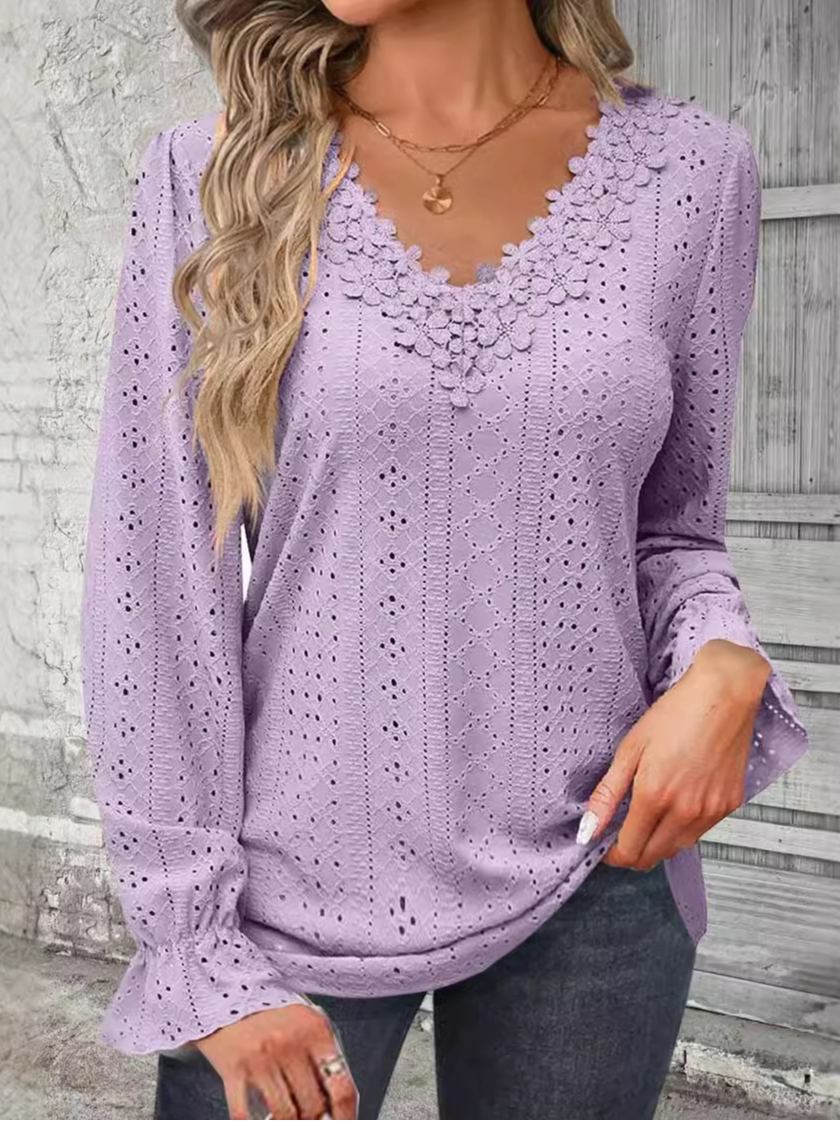 V Neck Lace Casual Blouse With No