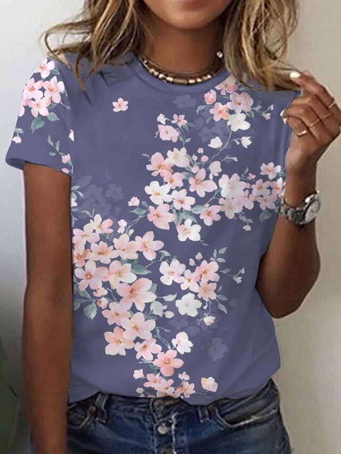 Women's Long Sleeve T-shirt Spring/Fall Gray Floral Cotton V Neck Daily Going Out Casual Top