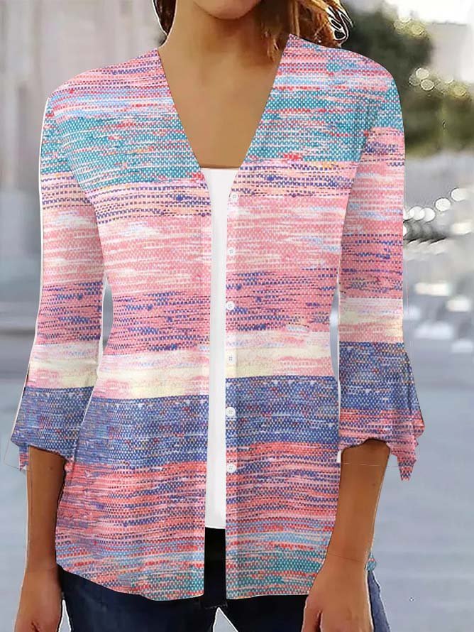 Color Block Knitted Casual Kimono