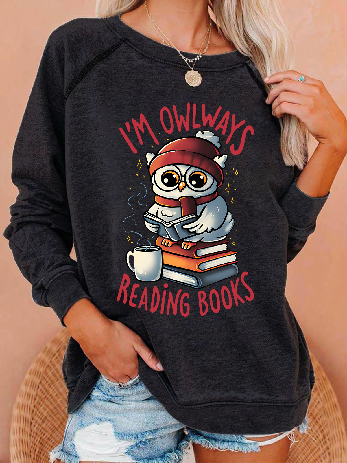 Owlways Reading Books Text Letters Casual Crew Neck Sweatshirt