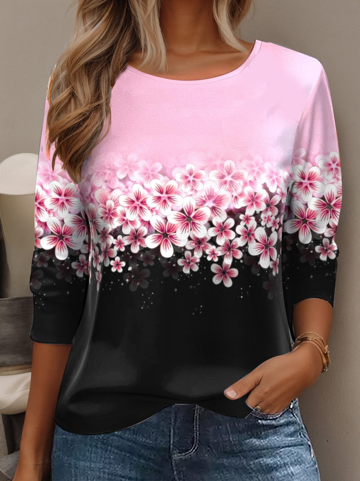 Women's Long Sleeve T-shirt Spring/Fall Black Floral Cotton Crew Neck Daily Going Out Casual Top