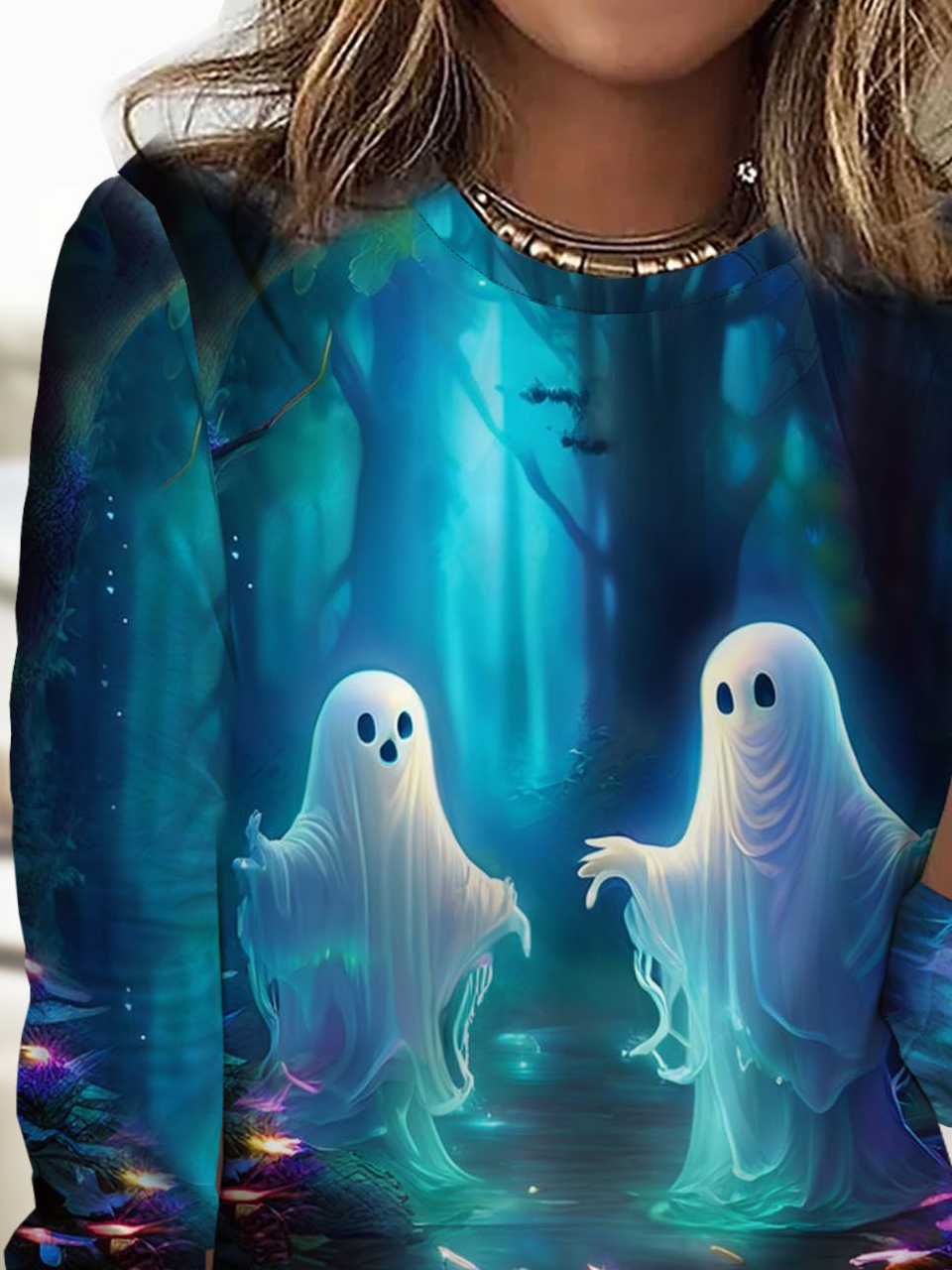 Halloween Printed Round Neck Long Sleeved T-shirt