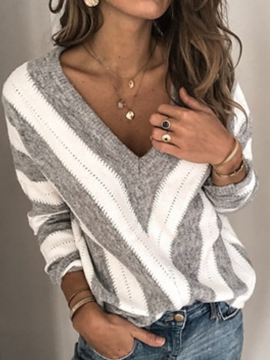 Loose V Neck Casual Color Block Sweater