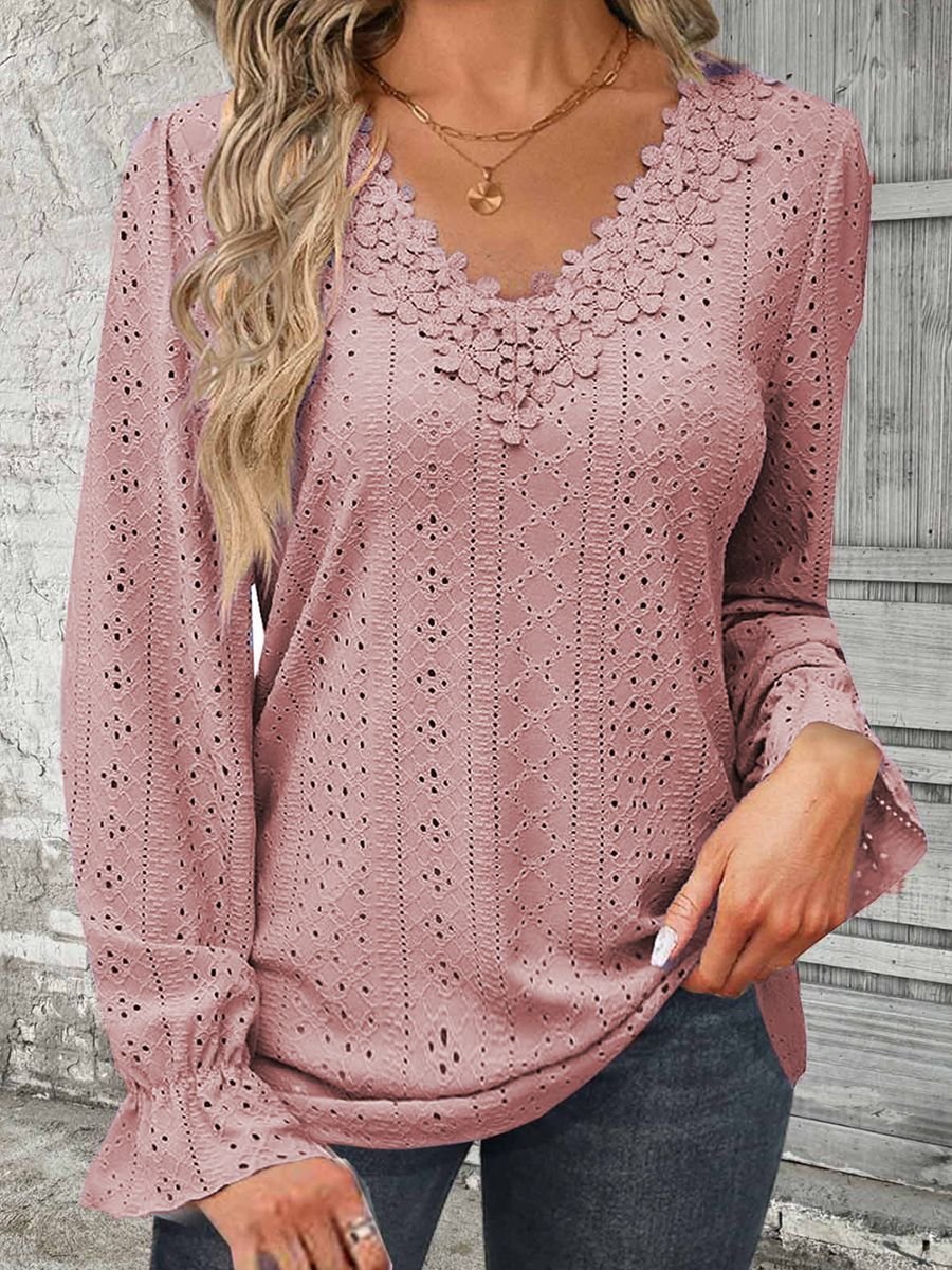 V Neck Lace Casual Blouse With No