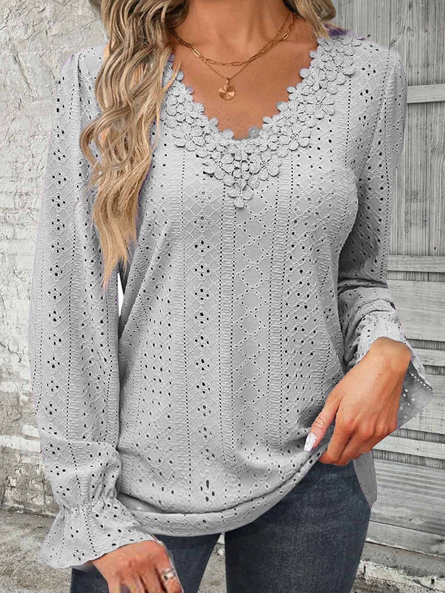 V Neck Lace Casual Blouse With No