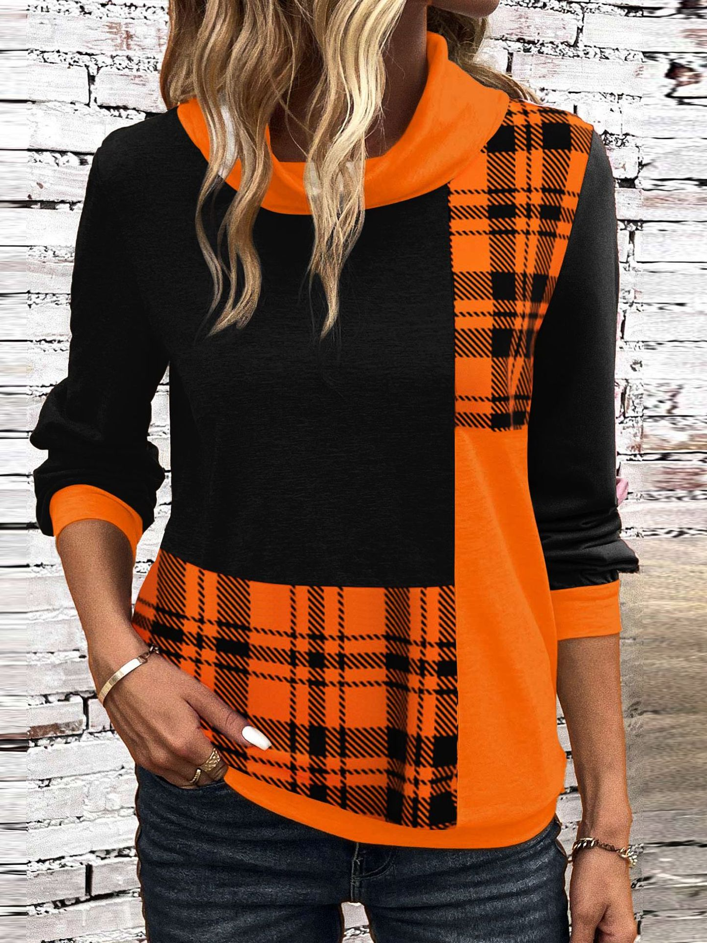 Zipper Casual Jersey Plaid Sweatshirt