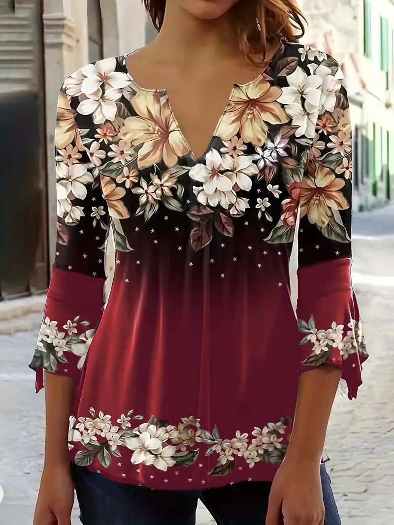 Regular Fit V Neck Casual Floral Blouse With No