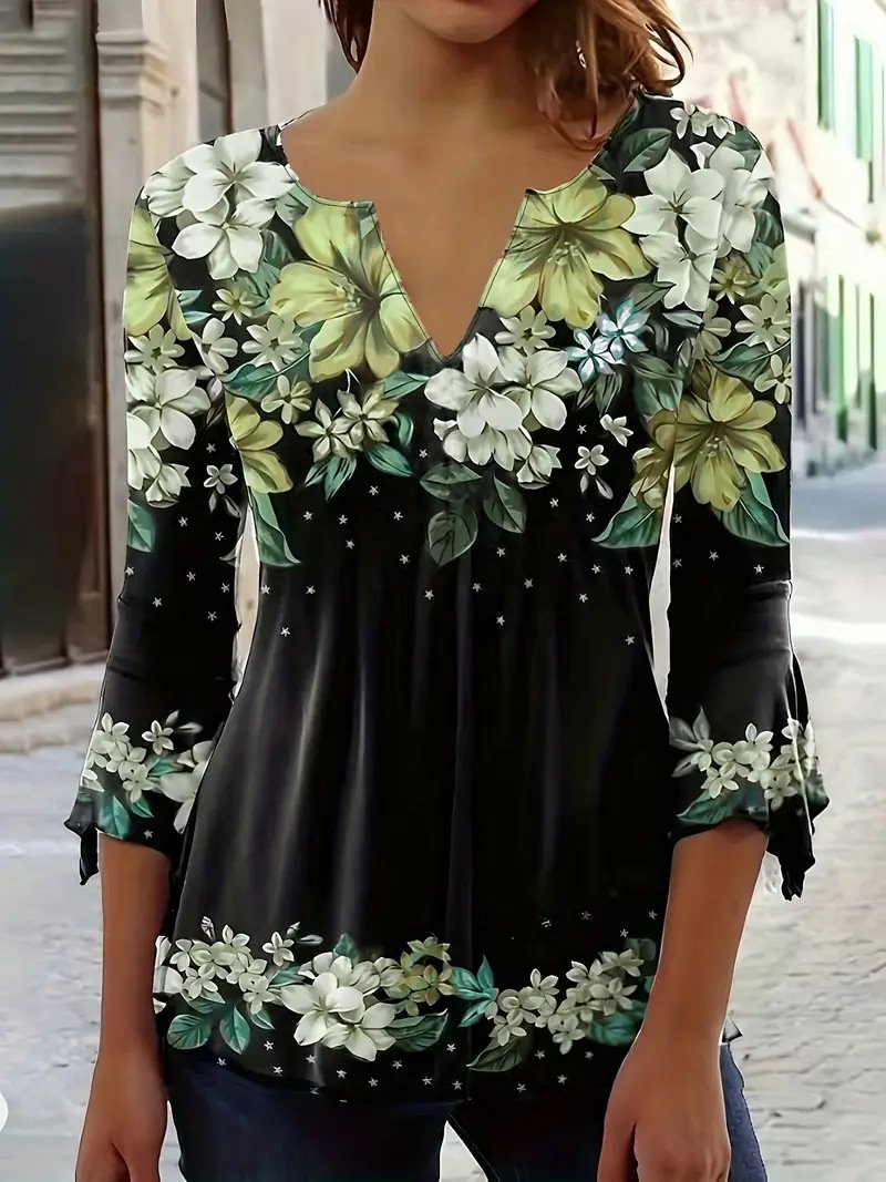 Regular Fit V Neck Casual Floral Blouse With No