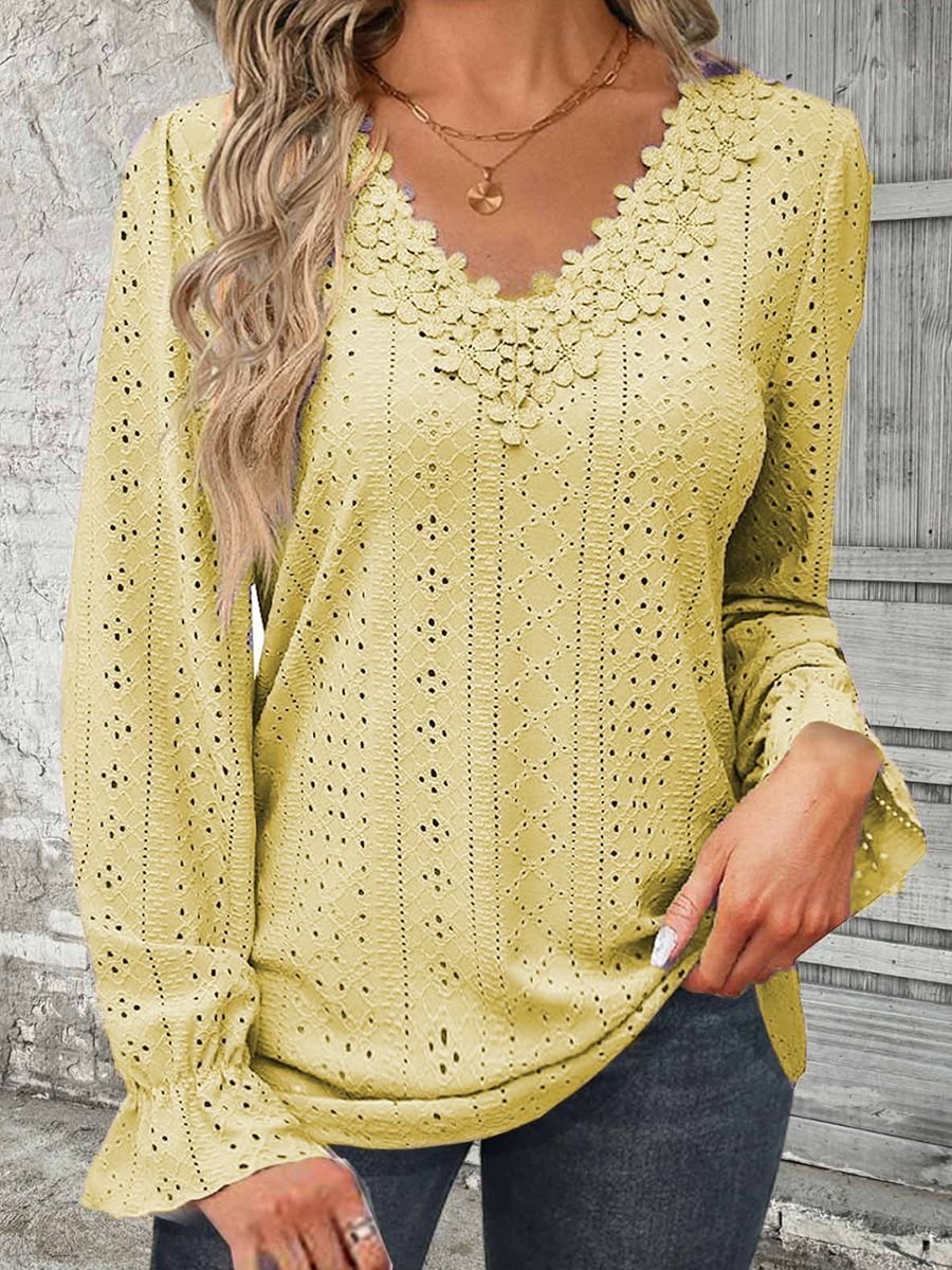 V Neck Lace Casual Blouse With No