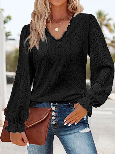 Loose Lace Casual Plain T-Shirt