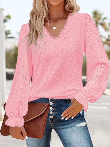 Loose Lace Casual Plain T-Shirt