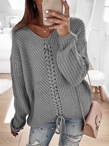 V Neck Yarn/Wool Yarn Casual Color Block Sweater