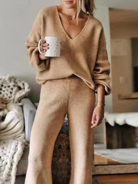 Plain Yarn/Wool Yarn Loose Casual Two-Piece Set