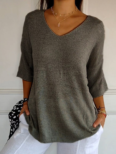 Plain Casual Loose V Neck Sweater