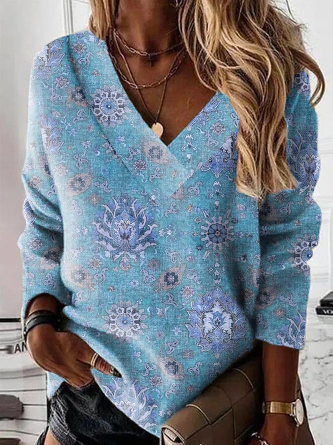 V Neck Ethnic Regular Fit Casual Sweatshirt