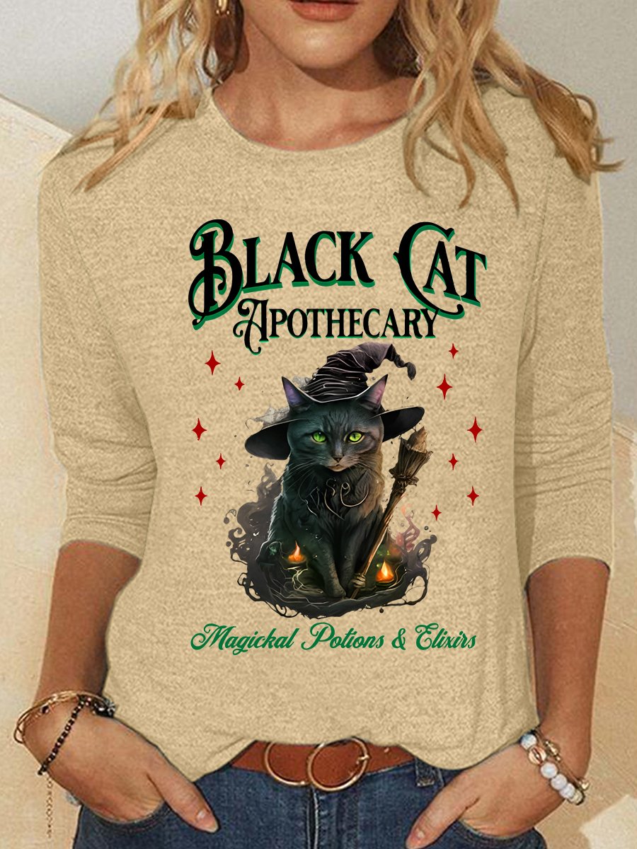 Black Cat Apothecary Halloween Casual Long Sleeve Shirt