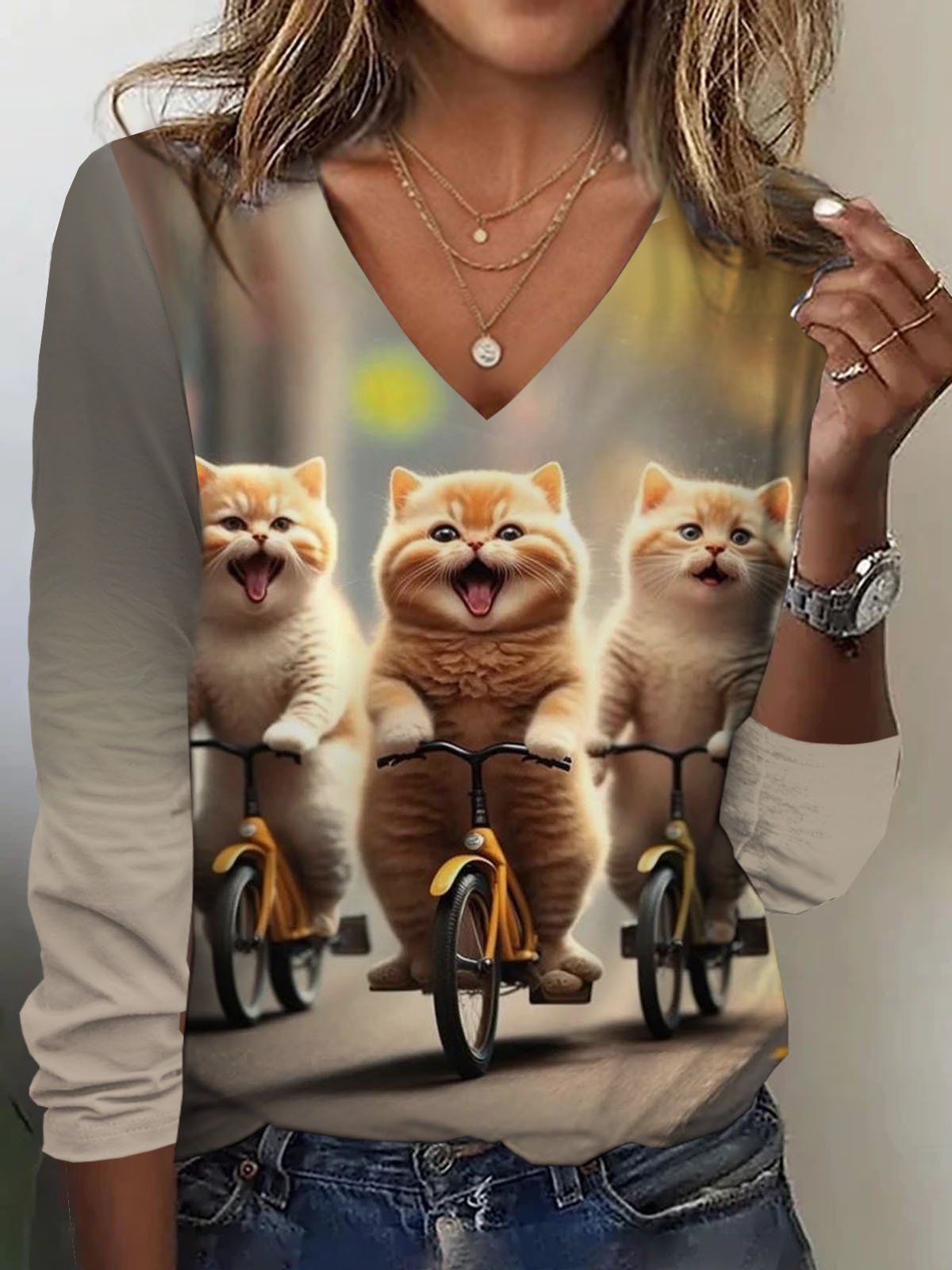 Fun bicycle cat print V-neck long sleeved casual T-shirt