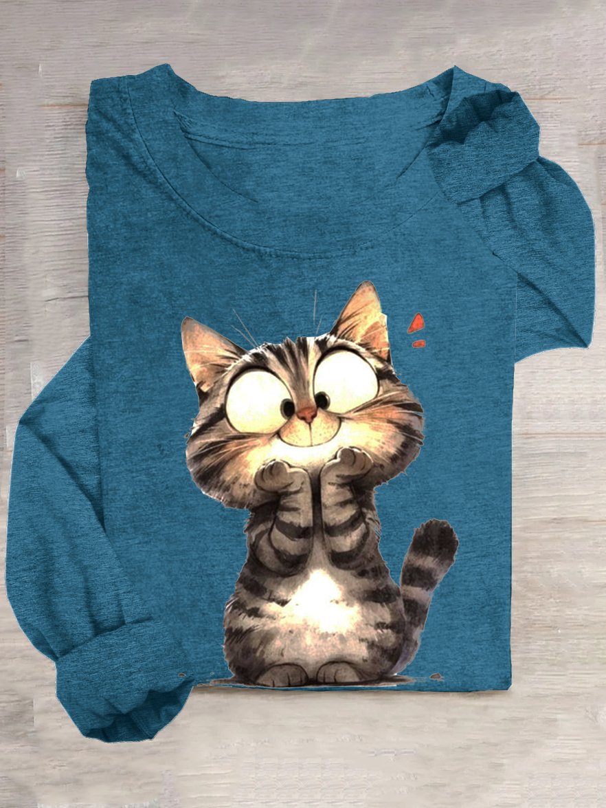 Cotton-Blend Casual Cat T-Shirt