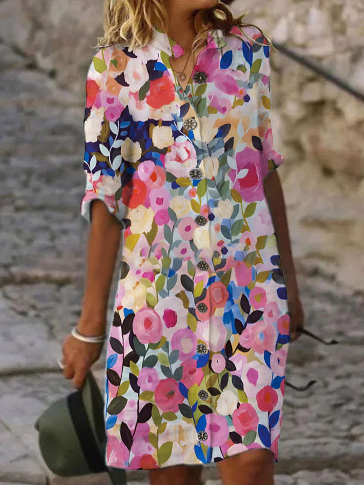 Floral Printed Buckle Casual Dress