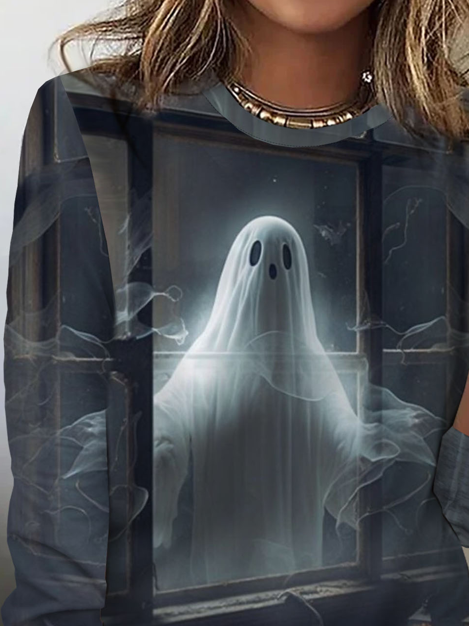 Halloween ghost print round neck long sleeved casual T-shirt