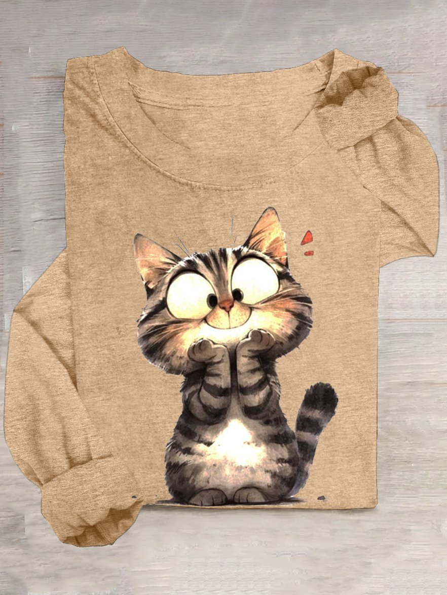 Cotton-Blend Casual Cat T-Shirt