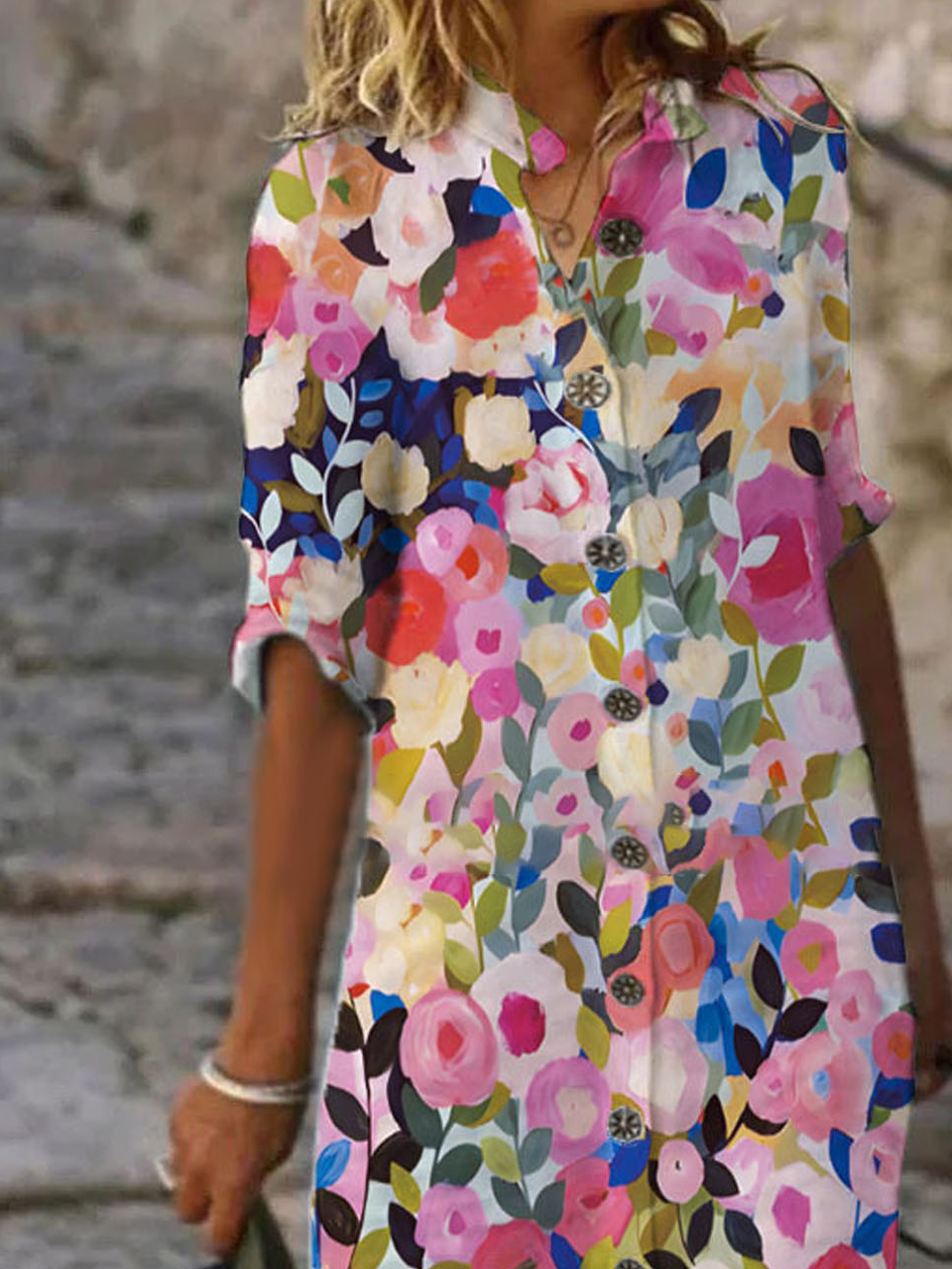 Floral Printed Buckle Casual Dress