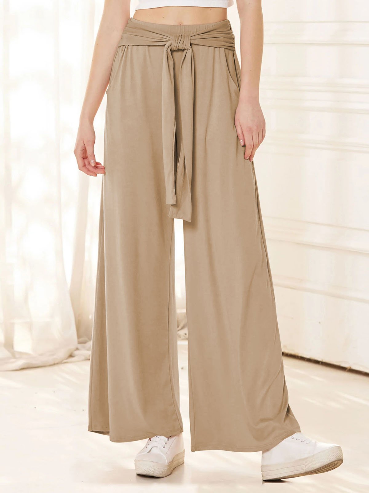 Knot Front Casual Plain Loose Pants