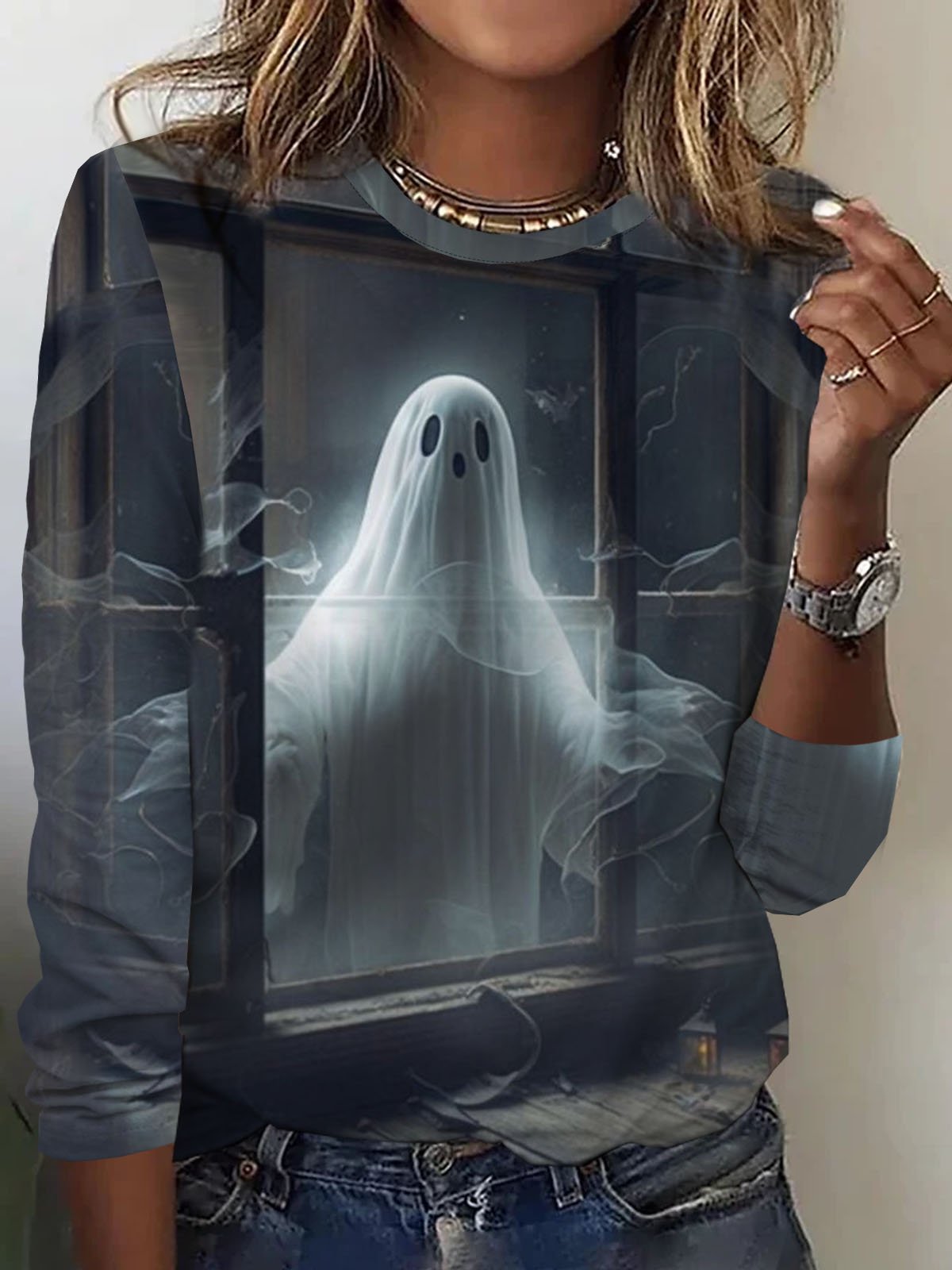 Halloween ghost print round neck long sleeved casual T-shirt