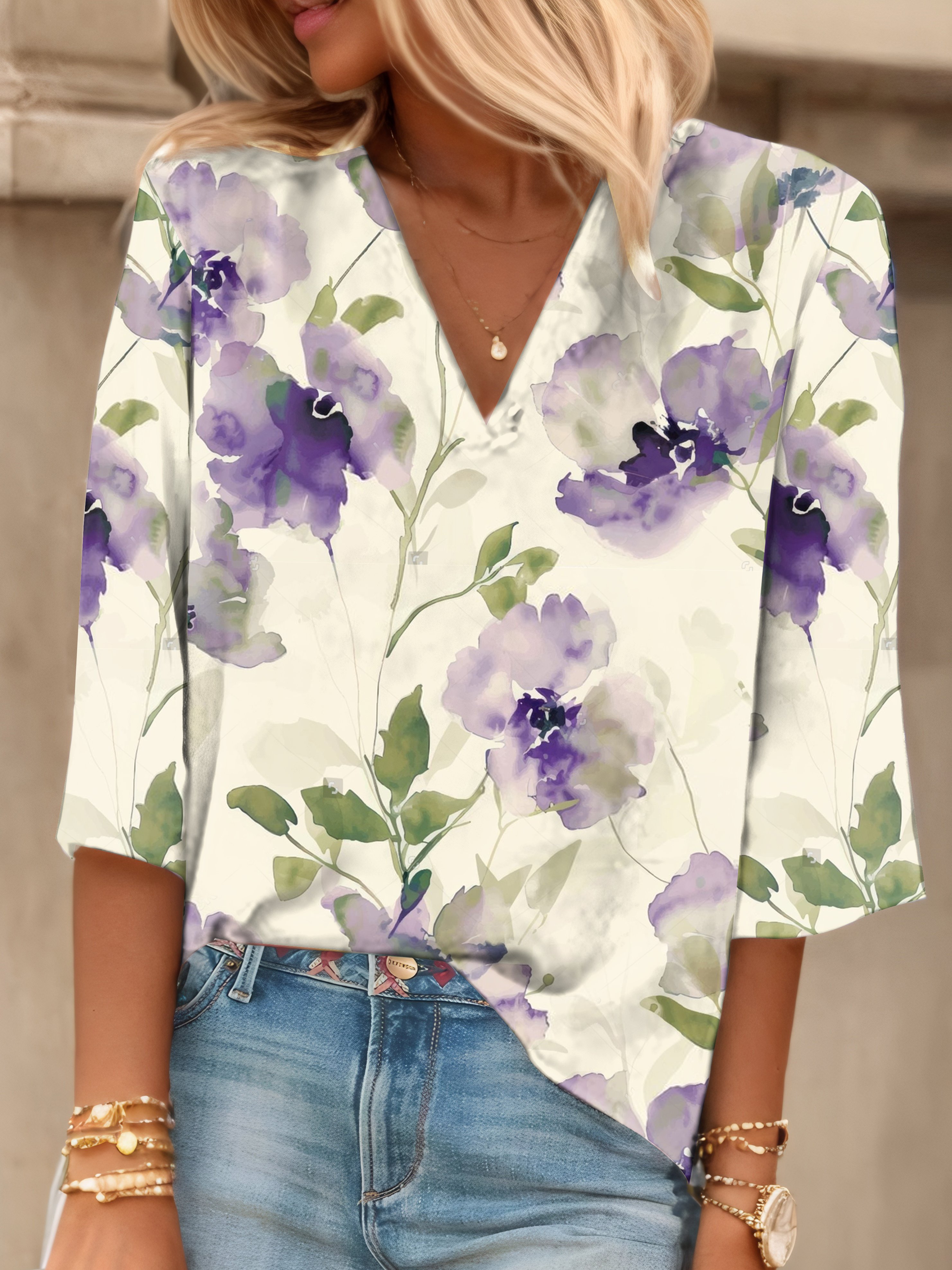 Women's Three Quarter Sleeve T-shirt Spring/Fall Apricot Floral V Neck Daily Going Out Casual Top