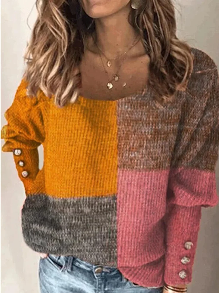 Color Block Yarn/Wool Yarn Casual Sweater