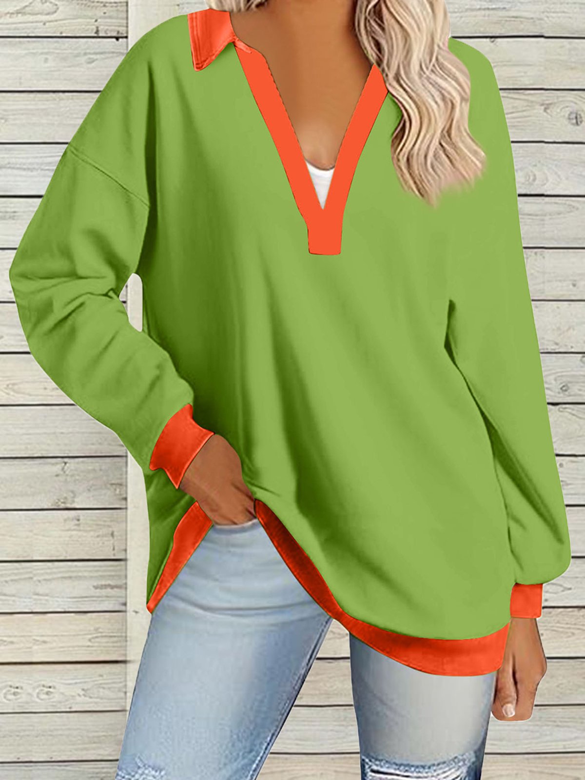 Women's Long Sleeve Blouse Spring/Fall Aqua Color Block V Neck Daily Going Out Casual Top