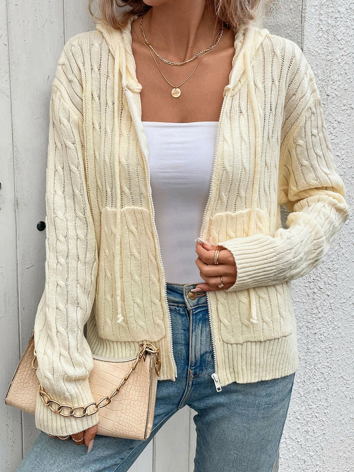 Plain Casual Zipper Loose Cardigan