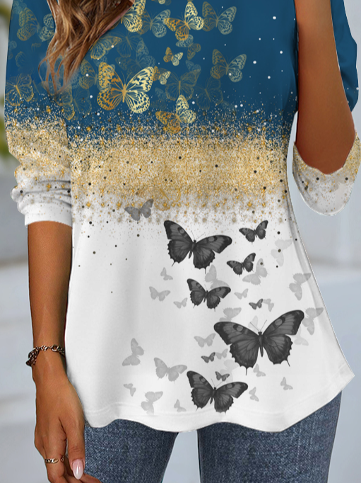 Women's Long Sleeve T-shirt Spring/Fall Blue Butterfly Jersey Crew Neck Daily Going Out Casual Top