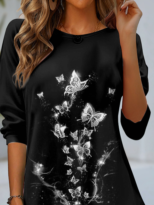 Women's Long Sleeve T-shirt Spring/Fall Black Butterfly Jersey Crew Neck Daily Going Out Casual Top