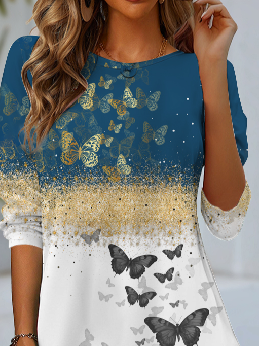 Women's Long Sleeve T-shirt Spring/Fall Blue Butterfly Jersey Crew Neck Daily Going Out Casual Top