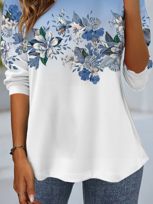 Women's Long Sleeve T-shirt Spring/Fall Blue Floral Jersey Crew Neck Daily Going Out Casual Top